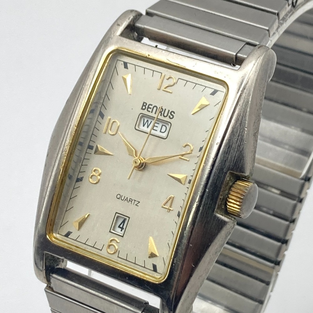 Vtg Benrus Men's Tank Watch Silver Gold Tone Day Date Stretch Band New Battery
